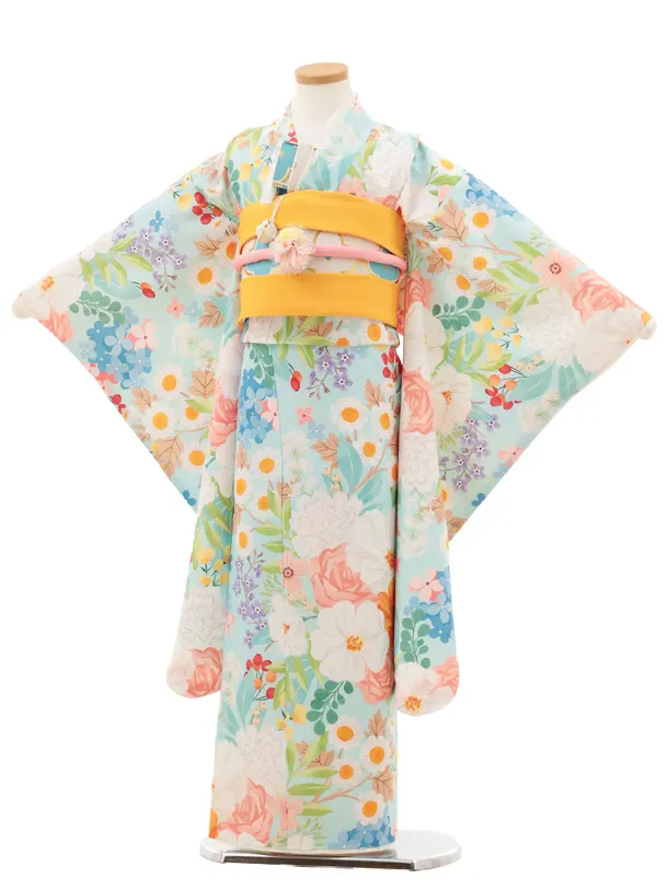 七五三(7歳結び帯)Y507 花わらべ 水色 カラフルフラワー