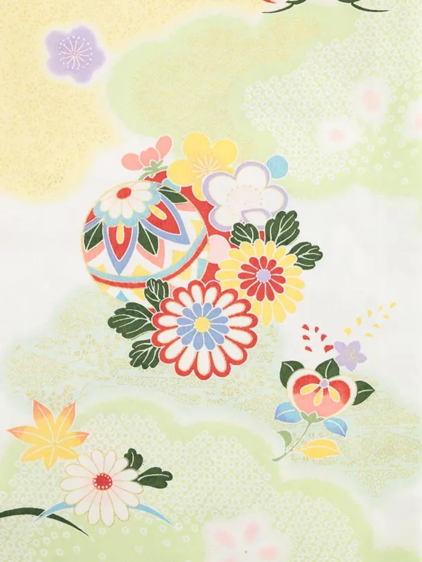 七五三(7歳結び帯)Y510 花うさぎ ヒワ色 古典 鞠