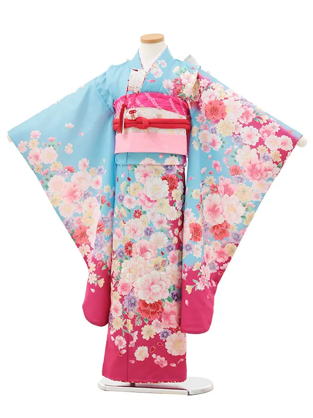 七五三(7歳結び帯)Y512 水色裾ピンク 花づくし