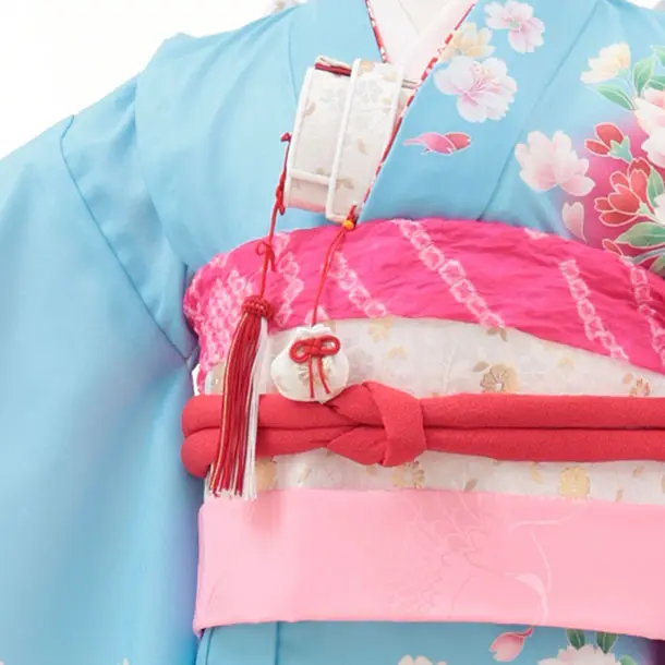 七五三(7歳結び帯)Y512 水色裾ピンク 花づくし