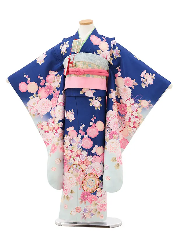 七五三(7歳結び帯)Y519 ブルーぼかし 鼓に花