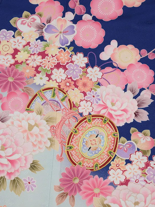 七五三(7歳結び帯)Y519 ブルーぼかし 鼓に花