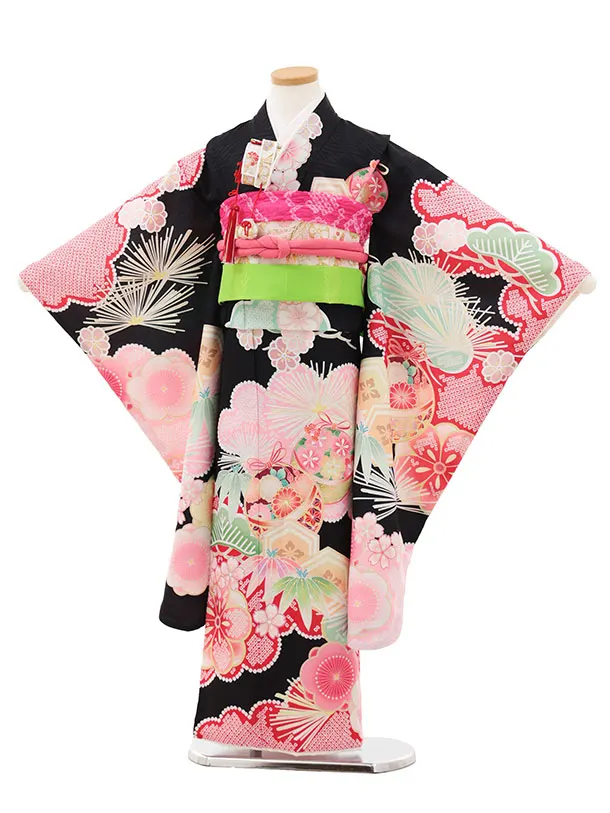 七五三(7歳結び帯)Y532 黒地 鞠に松竹梅