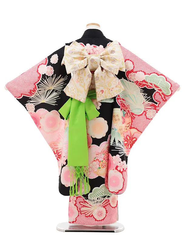 七五三(7歳結び帯)Y532 黒地 鞠に松竹梅