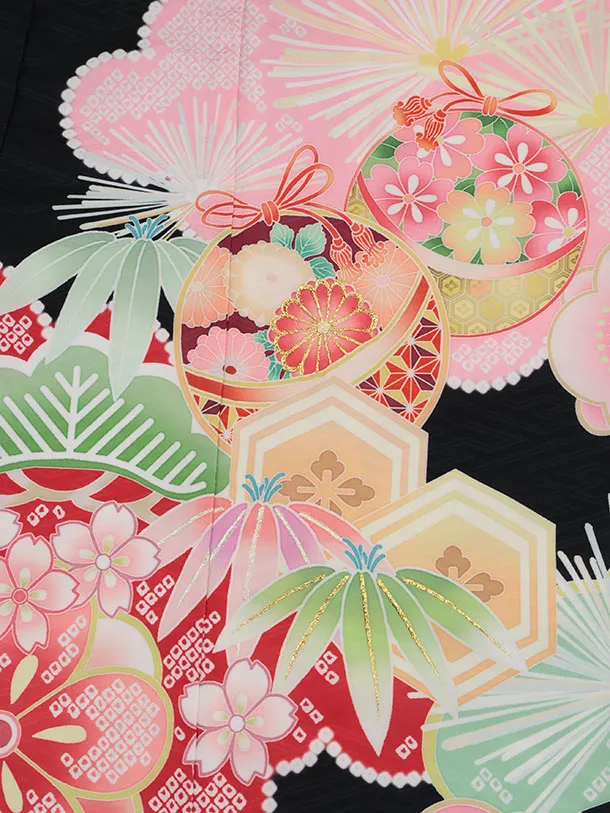 七五三(7歳結び帯)Y532 黒地 鞠に松竹梅