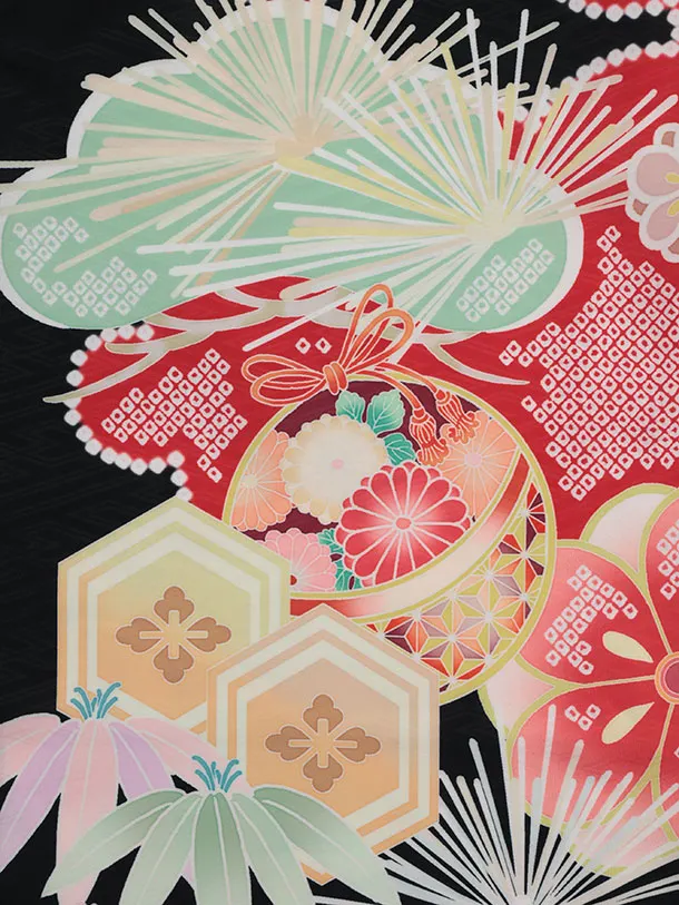 七五三(7歳結び帯)Y532 黒地 鞠に松竹梅