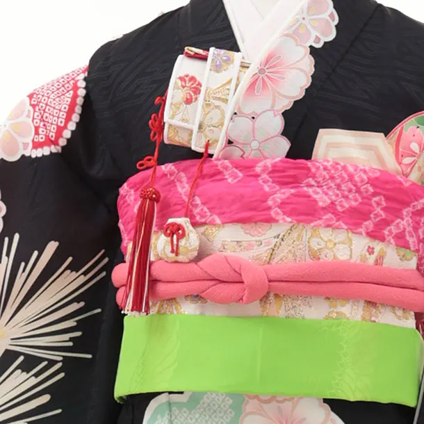 七五三(7歳結び帯)Y532 黒地 鞠に松竹梅