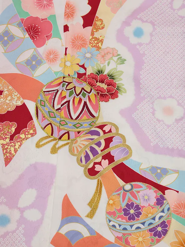 七五三(7歳結び帯)Y543【正絹】薄紫地 疋田柄 鞠 束ね熨斗