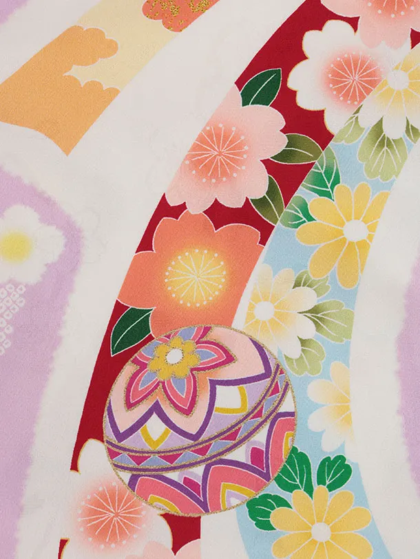 七五三(7歳結び帯)Y543【正絹】薄紫地 疋田柄 鞠 束ね熨斗