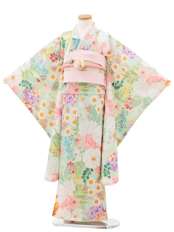 七五三(7歳結び帯)Y546 花わらべ グリーン カラフルカラー