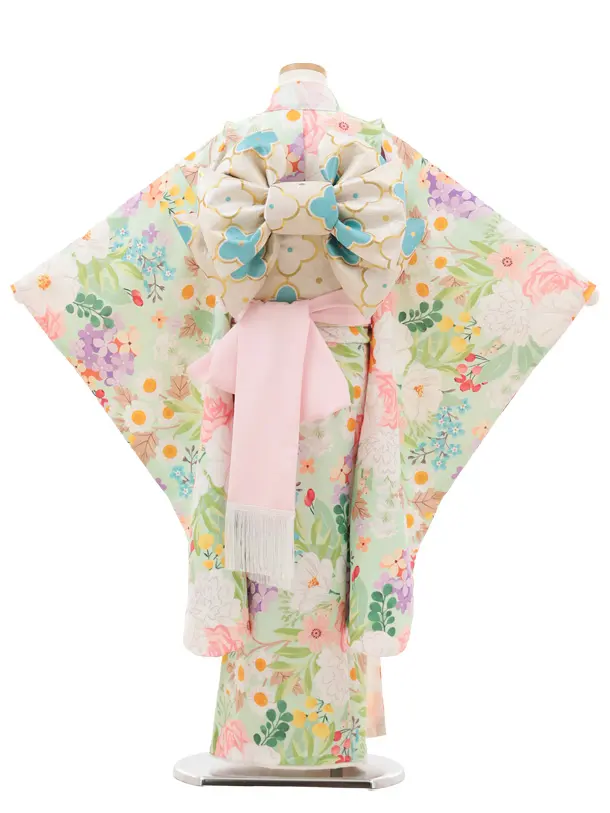 七五三(7歳結び帯)Y546 花わらべ グリーン カラフルカラー