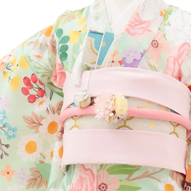 七五三(7歳結び帯)Y546 花わらべ グリーン カラフルカラー