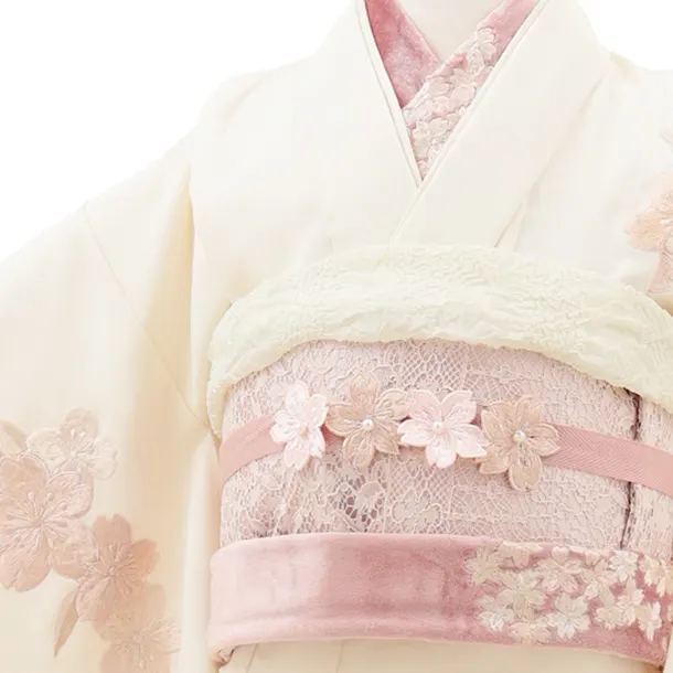 七五三(7歳結び帯)Y555 クリーム地 刺繍桜
