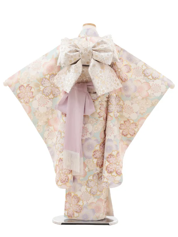 七五三(7歳結び帯)Y558 ペールブルー 桜