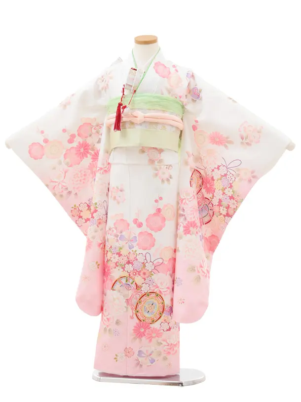 七五三(7歳結び帯)Y561 白地 裾ピンク鼓に薬玉