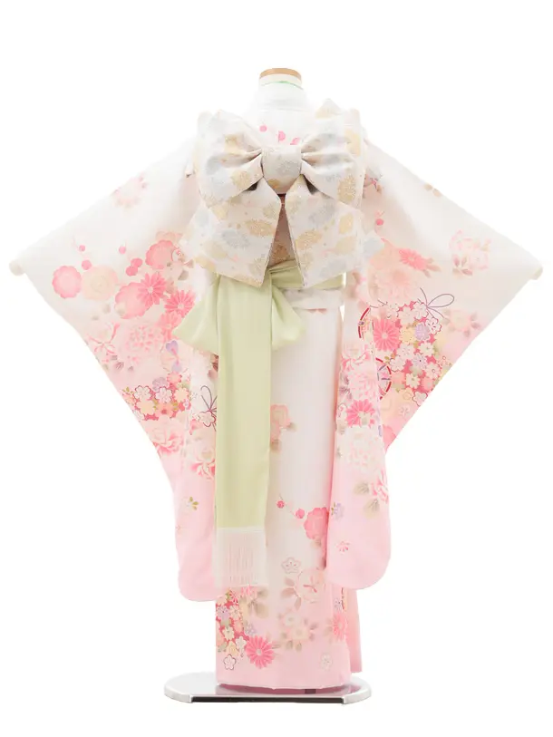 七五三(7歳結び帯)Y561 白地 裾ピンク鼓に薬玉