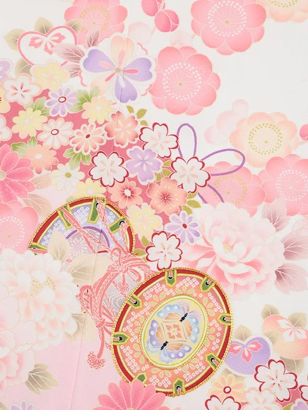 七五三(7歳結び帯)Y561 白地 裾ピンク鼓に薬玉