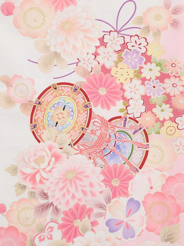 七五三(7歳結び帯)Y561 白地 裾ピンク鼓に薬玉