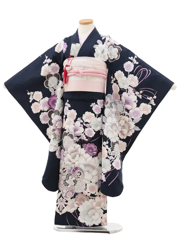 七五三(7歳結び帯)Y563 紺地 梅 牡丹