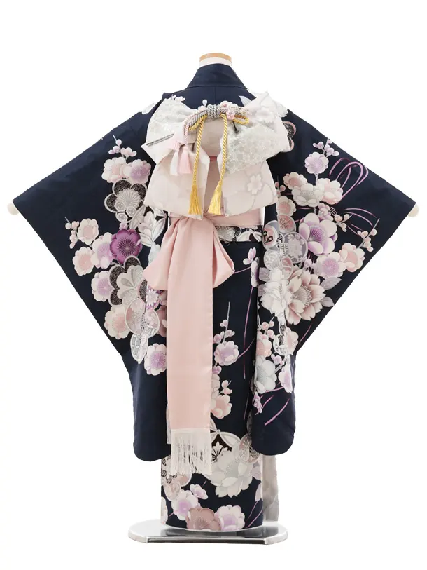 七五三(7歳結び帯)Y563 紺地 梅 牡丹