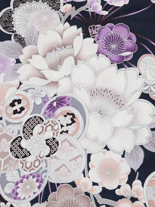 七五三(7歳結び帯)Y563 紺地 梅 牡丹