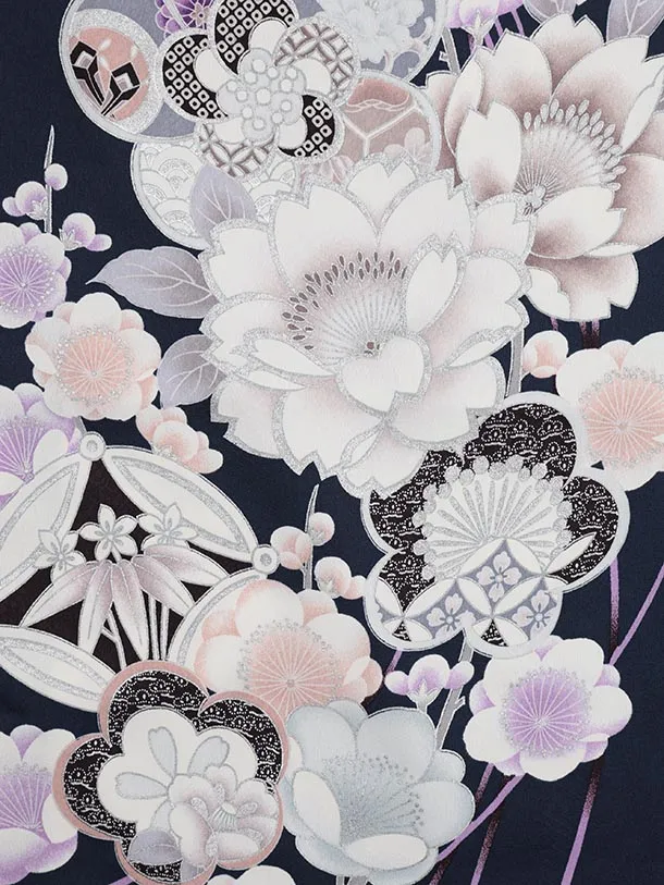 七五三(7歳結び帯)Y563 紺地 梅 牡丹