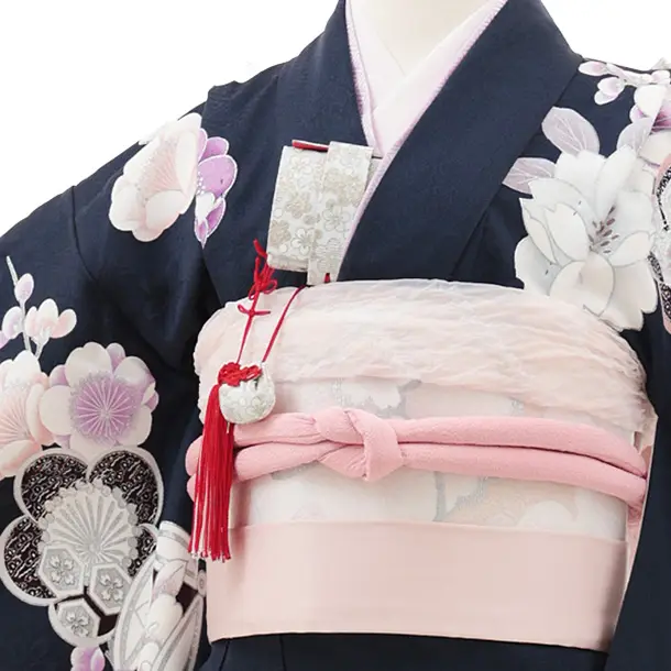 七五三(7歳結び帯)Y563 紺地 梅 牡丹