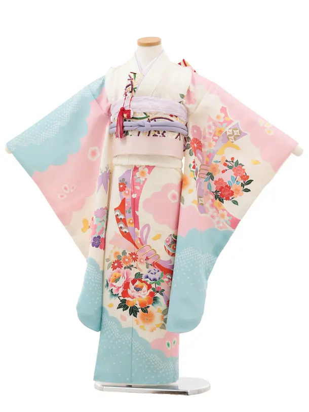 七五三(7歳結び帯)Y572 クリームピンク 水色 束ね熨斗 牡丹