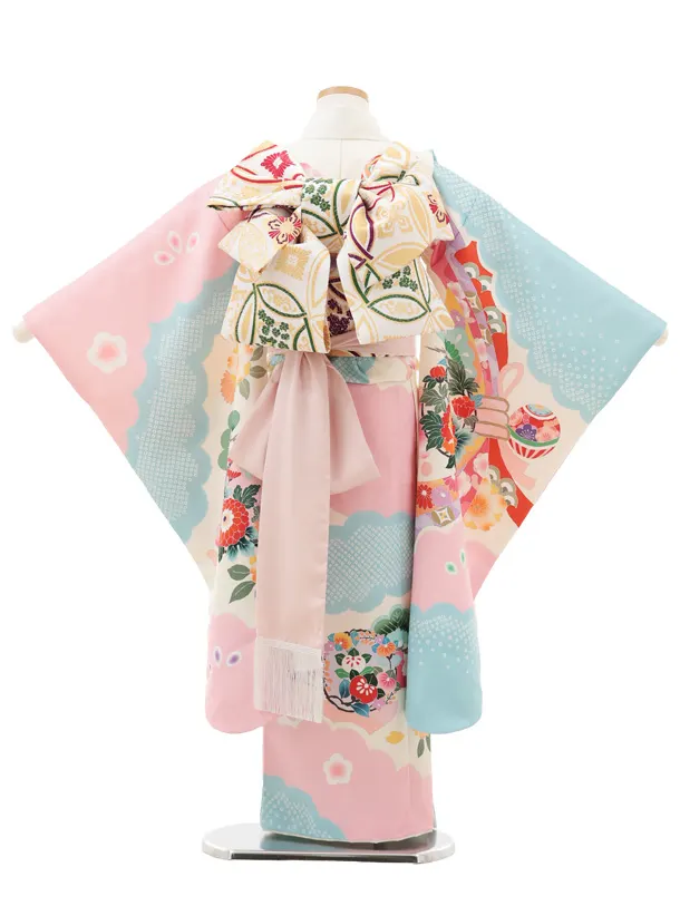 七五三(7歳結び帯)Y572 クリームピンク 水色 束ね熨斗 牡丹