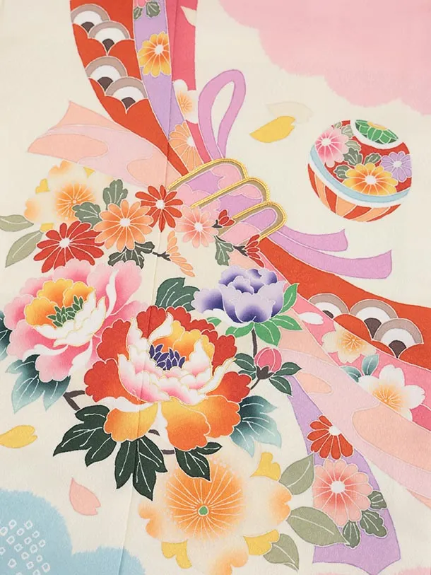 七五三(7歳結び帯)Y572 クリームピンク 水色 束ね熨斗 牡丹