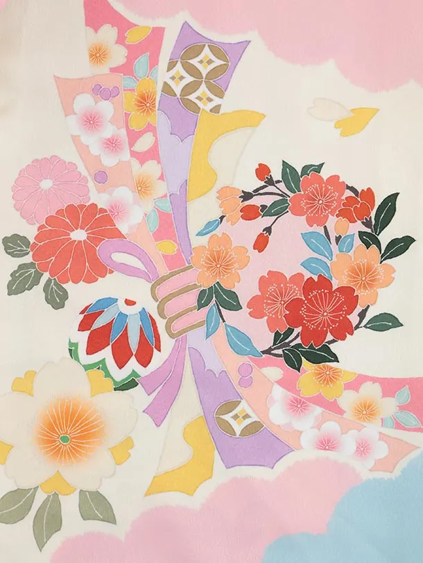 七五三(7歳結び帯)Y572 クリームピンク 水色 束ね熨斗 牡丹