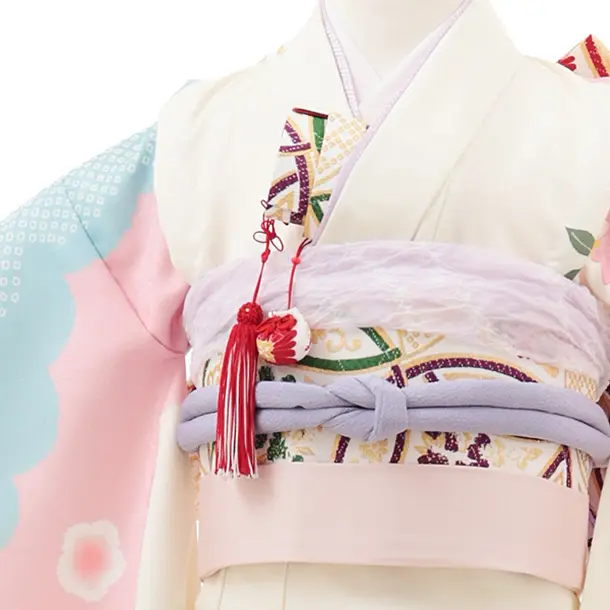 七五三(7歳結び帯)Y572 クリームピンク 水色 束ね熨斗 牡丹