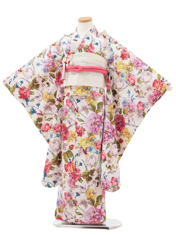 七五三(7歳結び帯)Y578 白地 フラワー