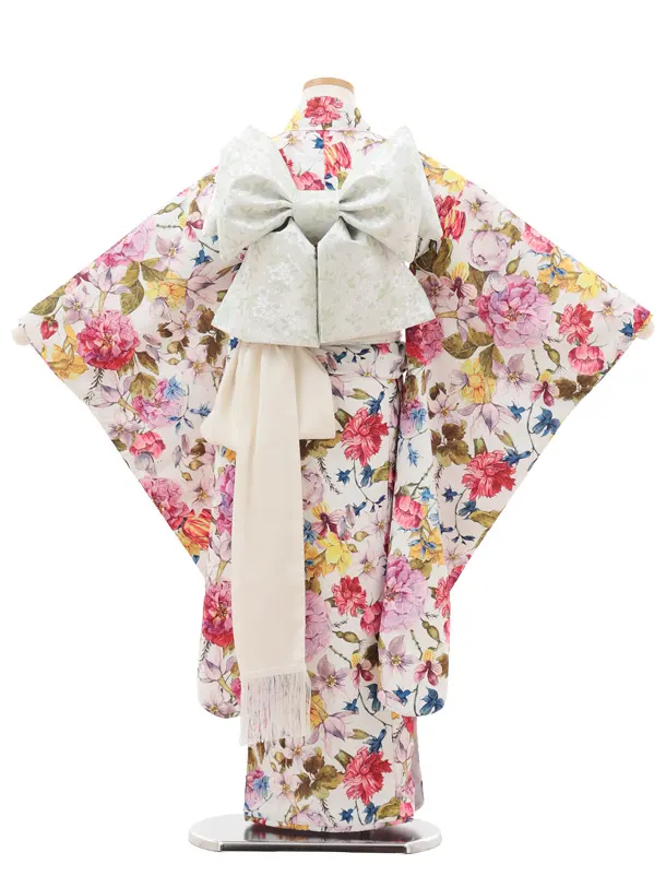 七五三(7歳結び帯)Y578 白地 フラワー