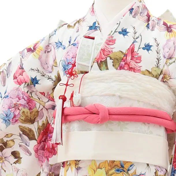 七五三(7歳結び帯)Y578 白地 フラワー