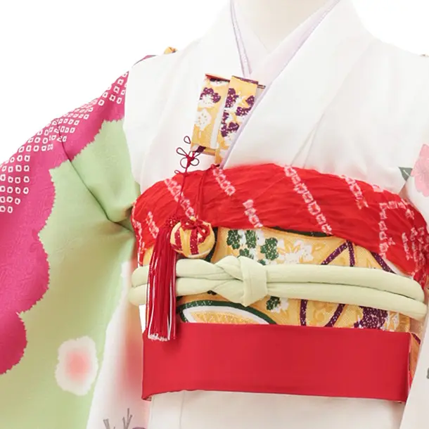 七五三(7歳結び帯)Y579 白ヒワピンク 束ね熨斗 牡丹
