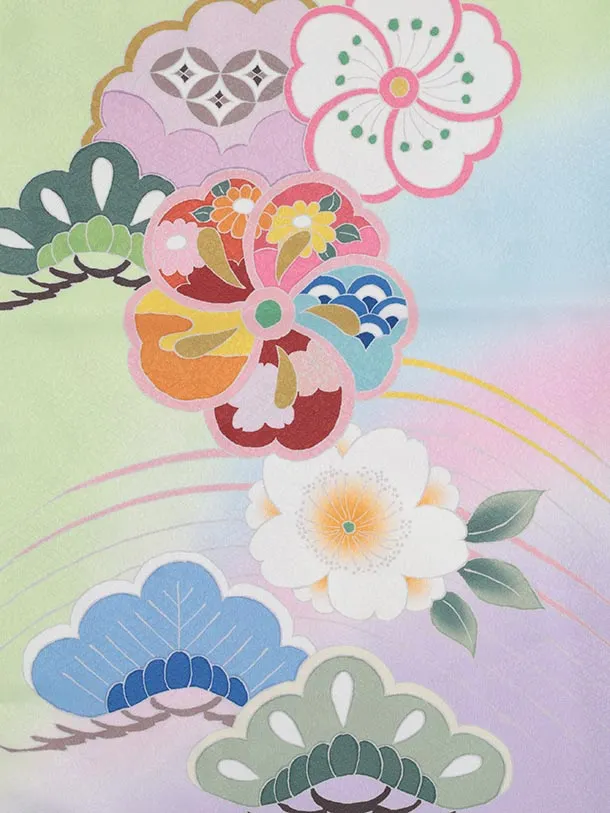 七五三(7歳結び帯)Y582 ライトグリーン 裾パープル 桜