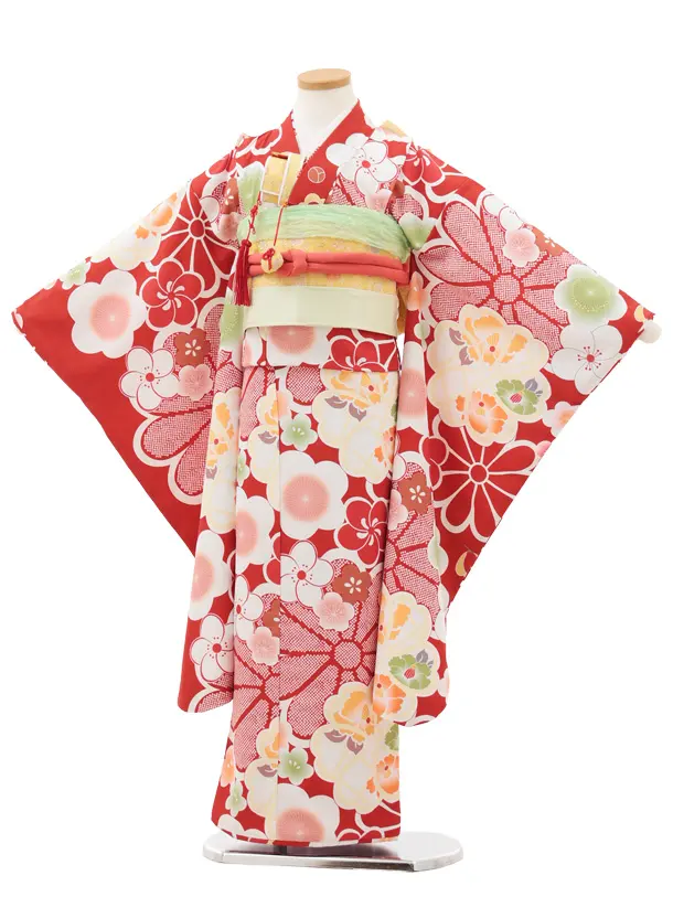 七五三(7歳結び帯)Y583 赤地 古典花