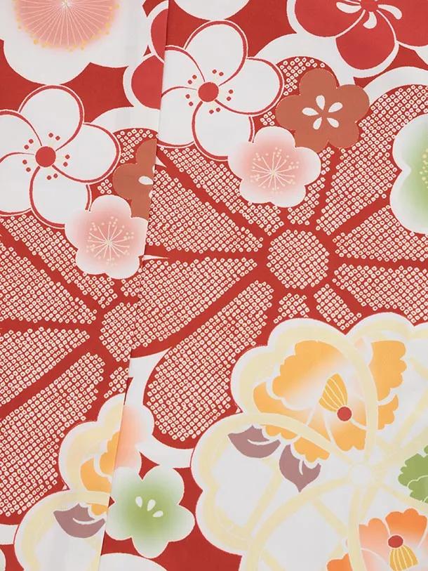 七五三(7歳結び帯)Y583 赤地 古典花