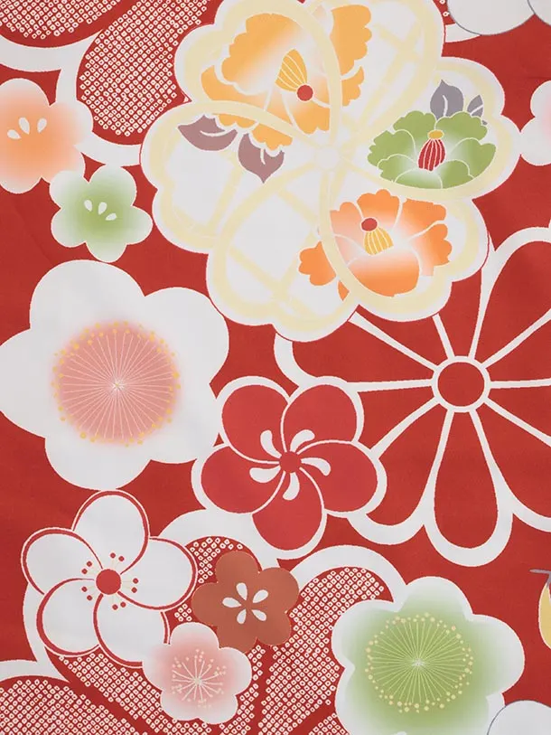 七五三(7歳結び帯)Y583 赤地 古典花