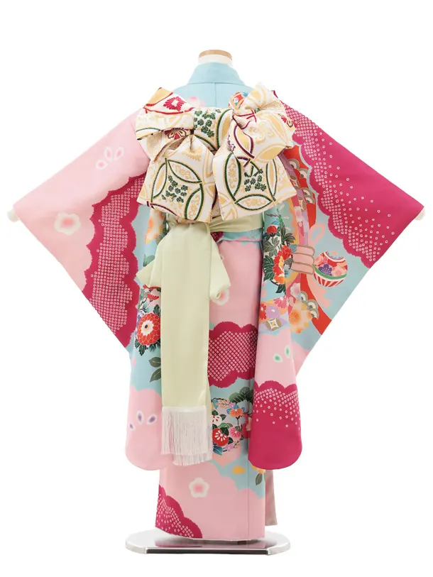 七五三(7歳結び帯)Y584 水色ピンク 束ね熨斗 牡丹