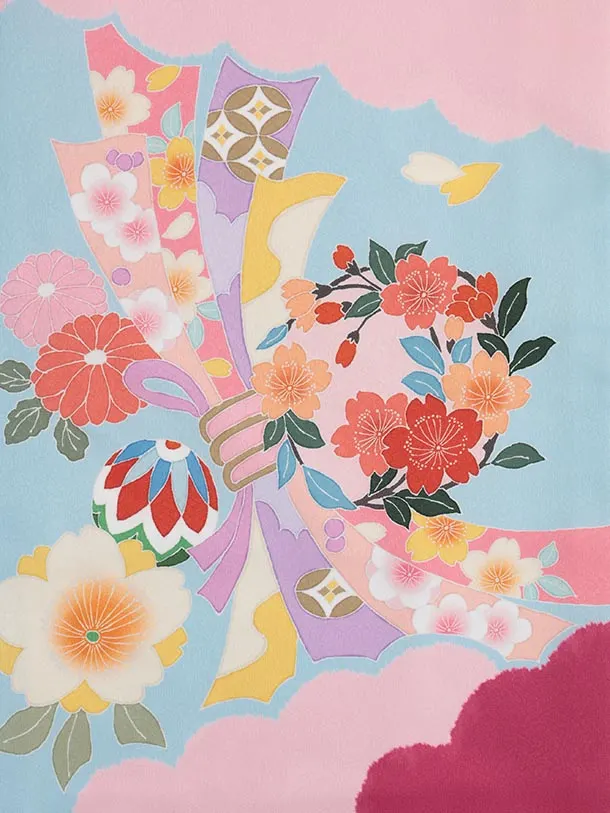 七五三(7歳結び帯)Y584 水色ピンク 束ね熨斗 牡丹