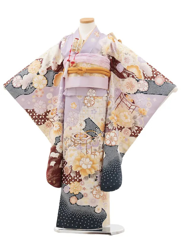 七五三(7歳結び帯)Y588 ラベンダー 貝桶 牡丹