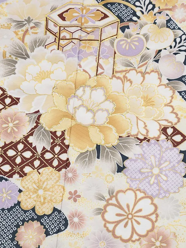 七五三(7歳結び帯)Y588 ラベンダー 貝桶 牡丹