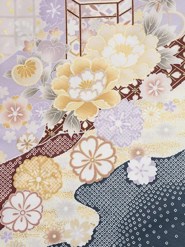 七五三(7歳結び帯)Y588 ラベンダー 貝桶 牡丹