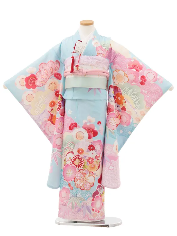 七五三(7歳結び帯)Y589 水色 松竹梅 薬玉