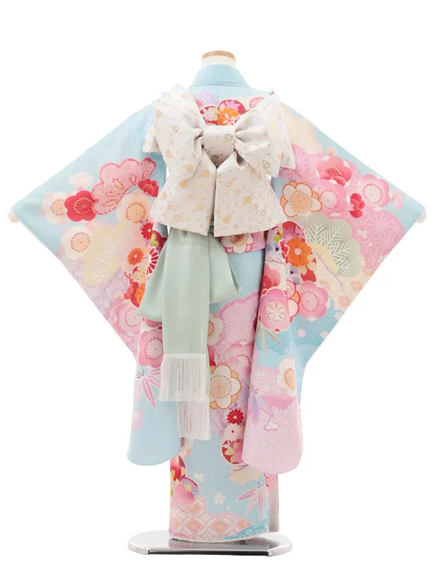 七五三(7歳結び帯)Y589 水色 松竹梅 薬玉