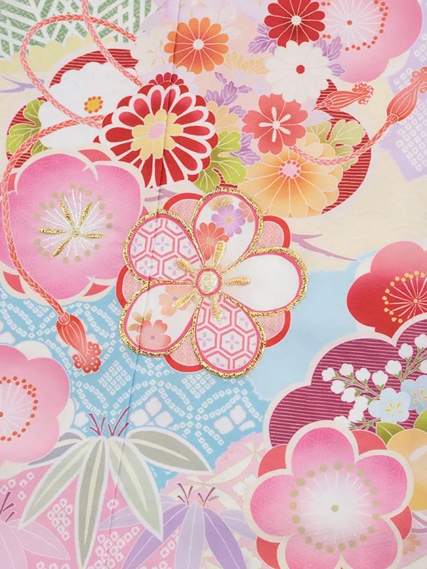 七五三(7歳結び帯)Y589 水色 松竹梅 薬玉