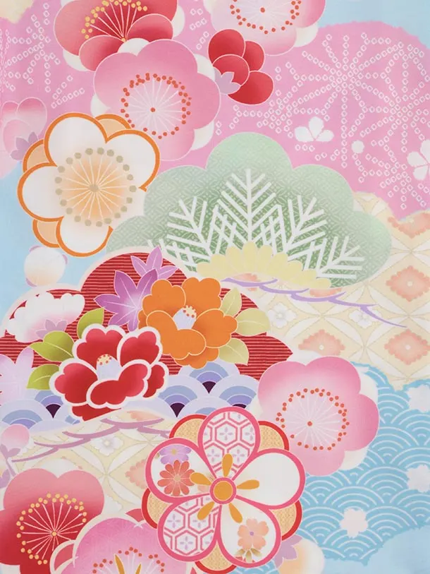 七五三(7歳結び帯)Y589 水色 松竹梅 薬玉