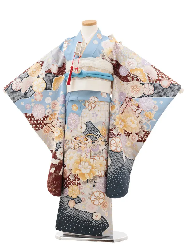 七五三(7歳結び帯)Y594 ペールブルー地 貝桶 牡丹